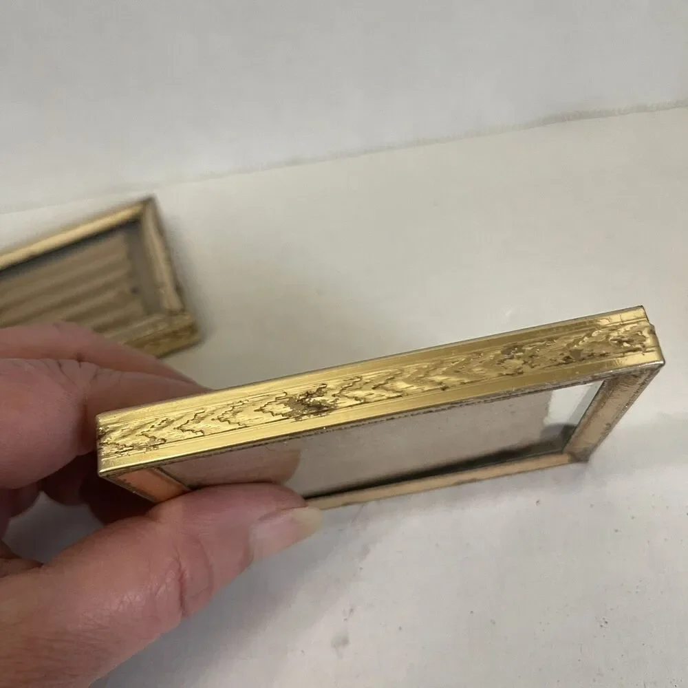 2 Vtg Picture Frames 3.5” W/ Glass One With Easle Back One No Backing Gold Toned